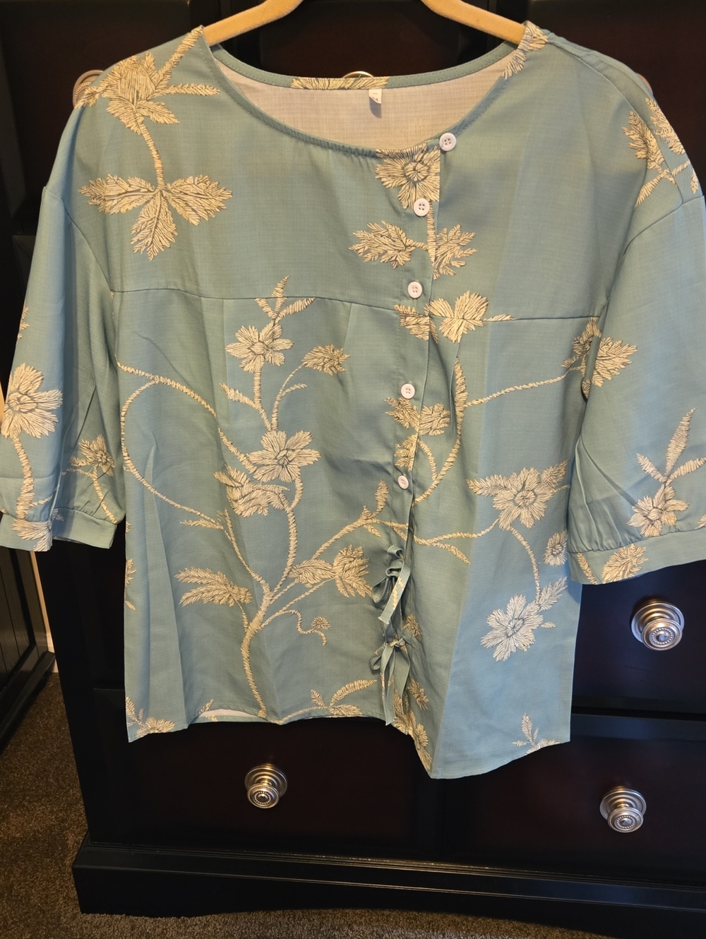 Womens Light Blue Floral Button-Front Top